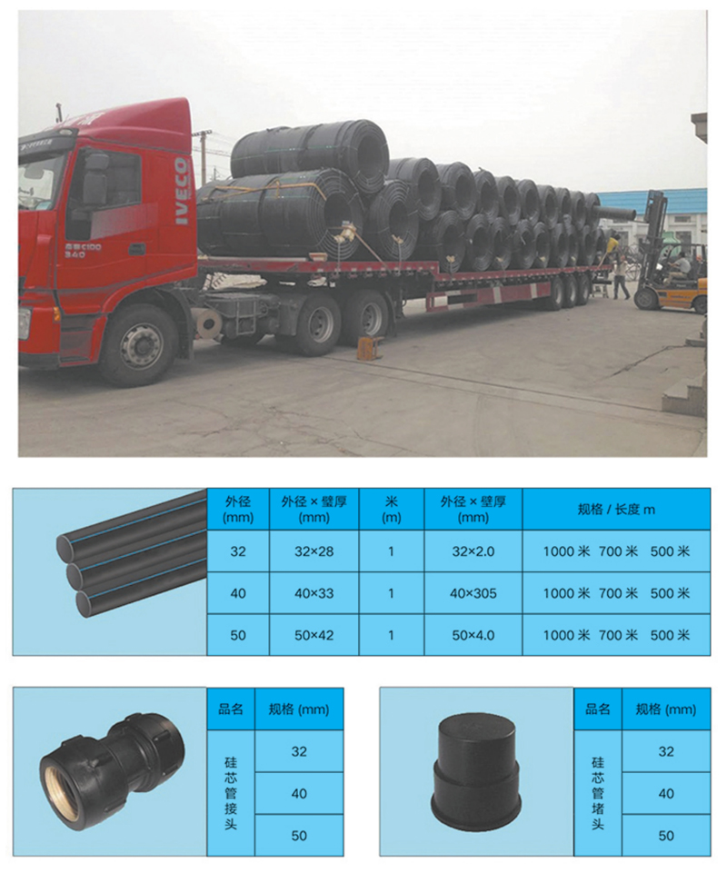 高密度聚乙烯(HDPE )硅芯管制作，系采用特種HDPE原料加硅料共擠復(fù)合而成，具備以下基本特性: 1.管道的強(qiáng)度，包括抗壓，抗張和抗沖擊能力，充分考慮到光(電)纜保護(hù)所需的安全系數(shù)，不再需要大管作外層保護(hù)。 2、硅管曲率半徑小，為其外徑的十倍。敷管時(shí)遇到彎曲處和上下管落差處可隨路而轉(zhuǎn)或隨坡而走，無(wú)須作任何特別處理，更不必設(shè)入井過(guò)渡。 3、其內(nèi)壁的硅芯層是固體的，永久的潤(rùn)滑濟(jì)。 4、其內(nèi)壁的硅芯層被同步擠壓進(jìn)壁內(nèi)，均勻地分布于整個(gè)內(nèi)壁，硅芯層與高度密聚乙烯具有相同的物理和機(jī)械特性:不會(huì)剝落，脫離。 5、其內(nèi)壁硅芯層的摩擦特性保持不變，纜線在管道內(nèi)反復(fù)抽取。 6、其內(nèi)璧的硅芯層不與水溶，污物進(jìn)管后可用水沖洗管道，可免遭嚙齒動(dòng)物破壞。7、抗老化，使用壽命長(zhǎng)，埋入地下可達(dá)50年以上。 8、耐候性能好。 9、施工快捷，可大降低工程造價(jià)。